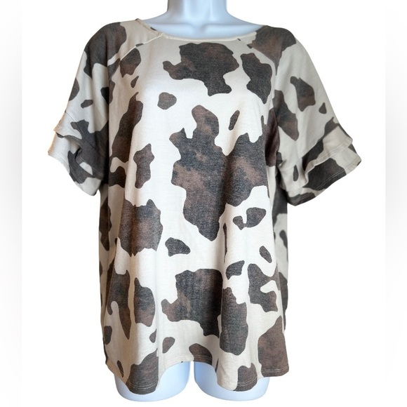 DAYTRIP RUFFLE SLEEVE COW PRINT BOHO WESTERN TOP - Picture 5 of 7